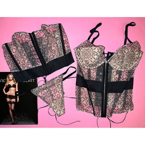 NWT Victoria's Secret 32B,32C CORSET+TEDDY+thong+BUSTIER EMBROIDERED Black Beige - Picture 7 of 15